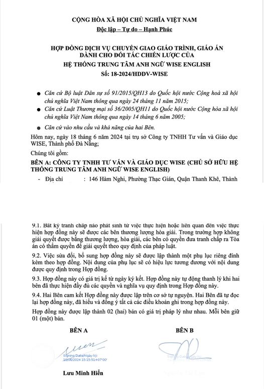 Hợp đồng dịch vụ "Chuyển giao giáo trình giáo án cho đối tác chiến lược của WISE English