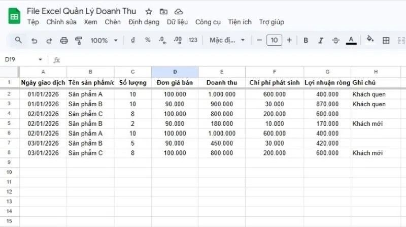 Quản lý doanh thu bằng Excel